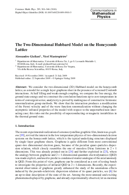 (PDF) Two-dimensional Hubbard model on a honeycomb lattice