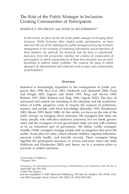 (PDF) The Role of the Public Manager in Inclusion: Creating Communities ...
