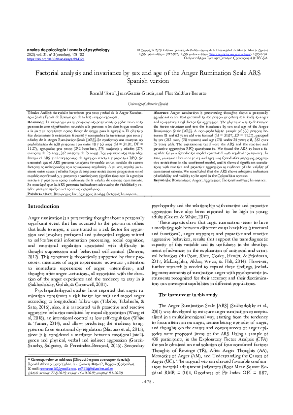 (PDF) Factorial analysis and invariance by sex and age of the Anger
