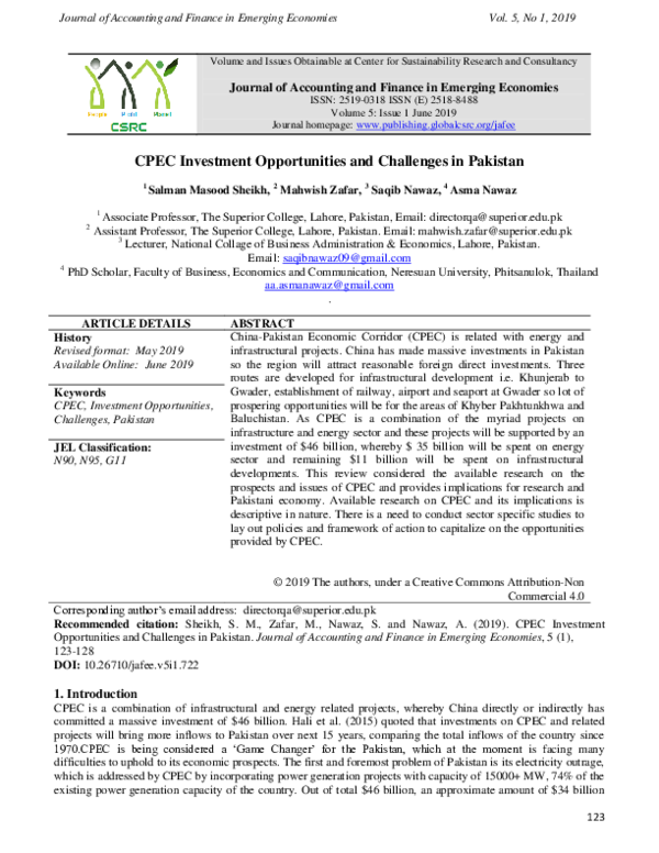 (PDF) CPEC Investment Opportunities and Challenges in Pakistan