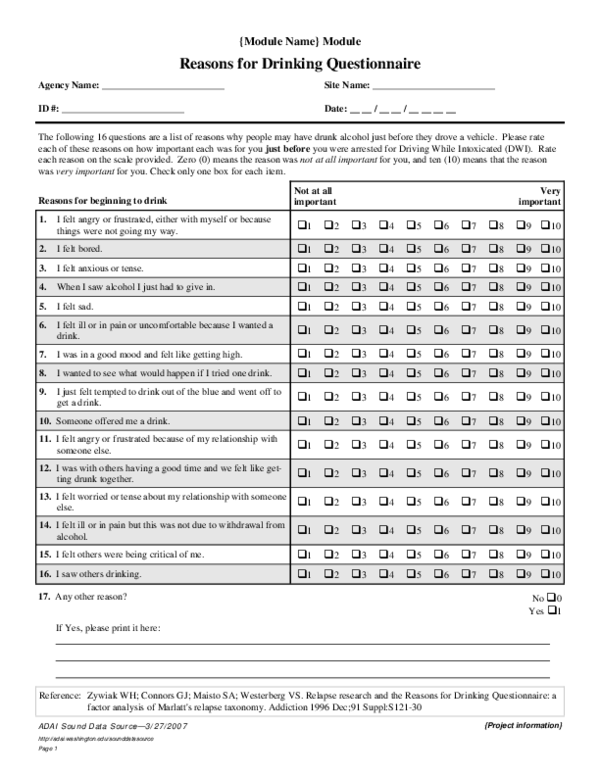 (PDF) Reasons for Drinking Questionnaire Nick Heather Academia.edu
