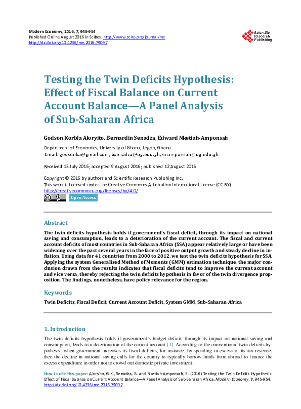 (PDF) Testing the Twin Deficits Hypothesis: Effect of Fiscal Balance on ...
