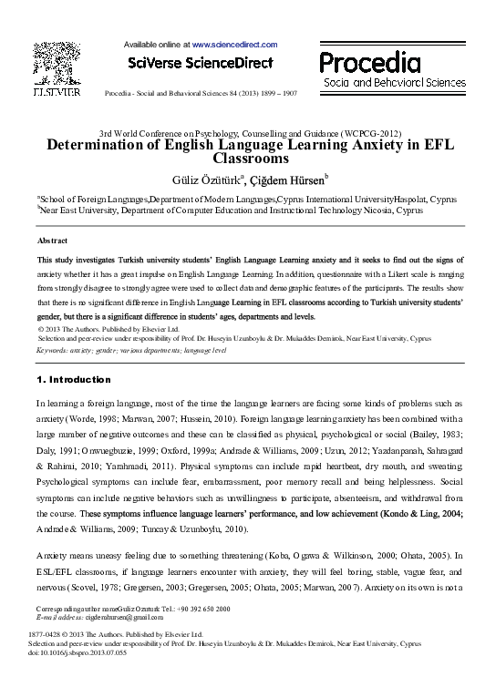 (PDF) Determination of English Language Learning Anxiety in EFL Classrooms