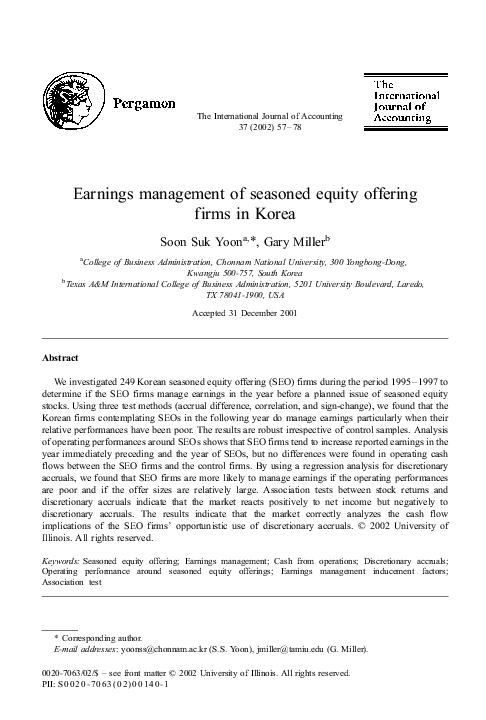 (PDF) Earnings management of seasoned equity offering firms in Korea