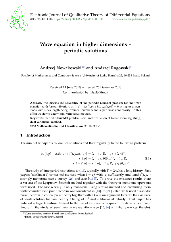 (PDF) Wave equation in higher dimensions - periodic solutions