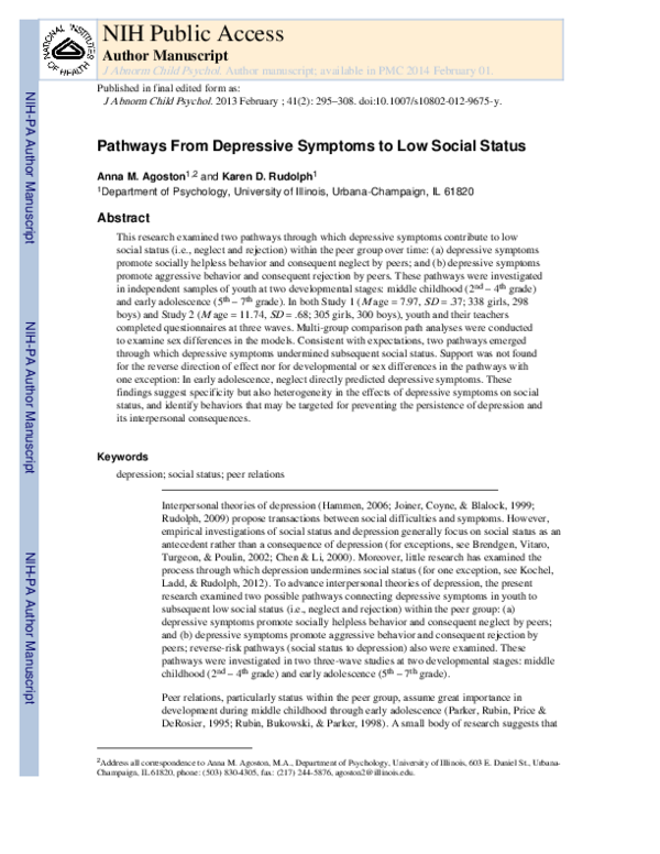 (PDF) Pathways From Depressive Symptoms to Low Social Status