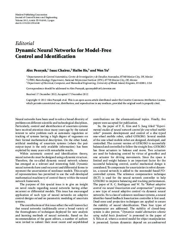 (PDF) Dynamic Neural Networks for Model-Free Control and Identification