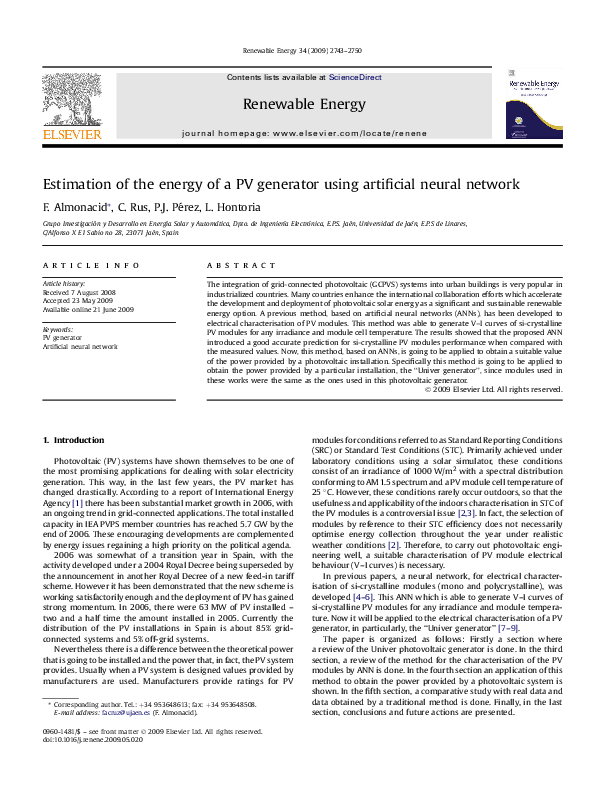 (PDF) Estimation of the energy of a PV generator using artificial ...