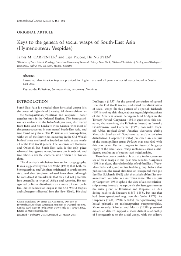 (PDF) Keys to the genera of social wasps of South‐East Asia ...