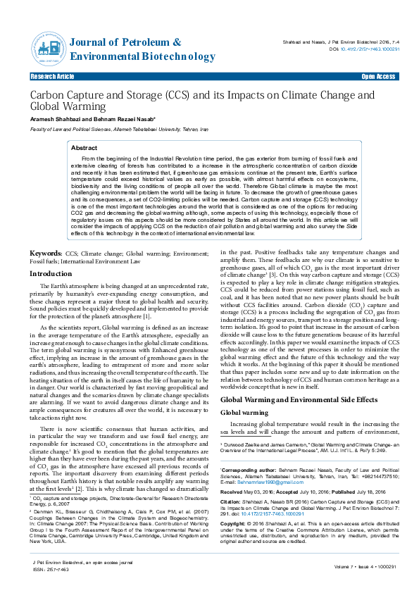(PDF) Carbon Capture and Storage (CCS) and its Impacts on Climate ...