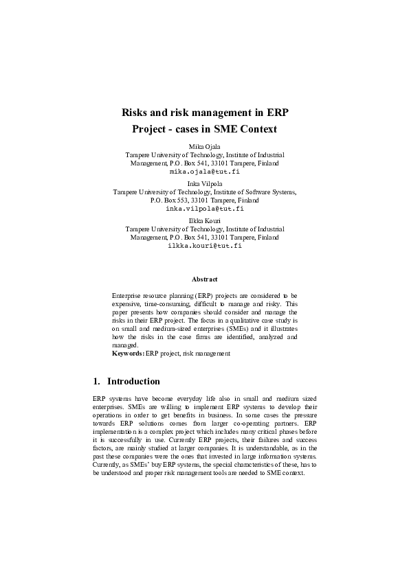 (PDF) Risks and risk management in ERP Project-cases in SME Context