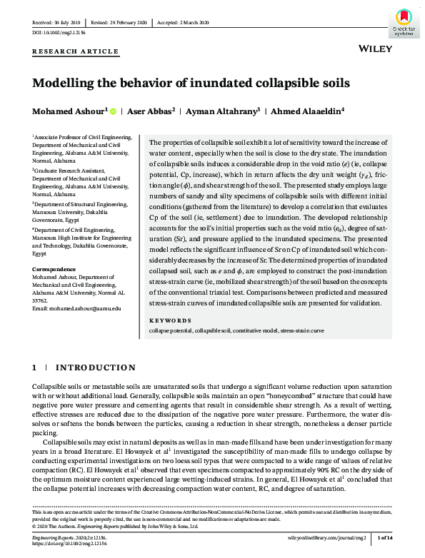 (PDF) Modelling the behavior of inundated collapsible soils