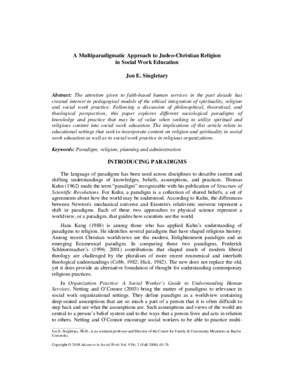 (PDF) A Multiparadigmatic Approach to Religion in Social Work Education