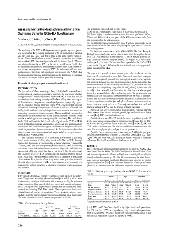 (PDF) Assessing Mental Workload at Maximal Intensity in Swimming Using ...