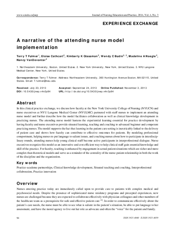 (PDF) A narrative of the attending nurse model implementation