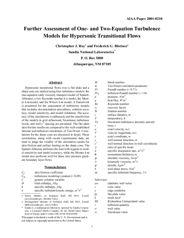 (PDF) Assessment of One- and Two-Equation Turbulence Models for ...
