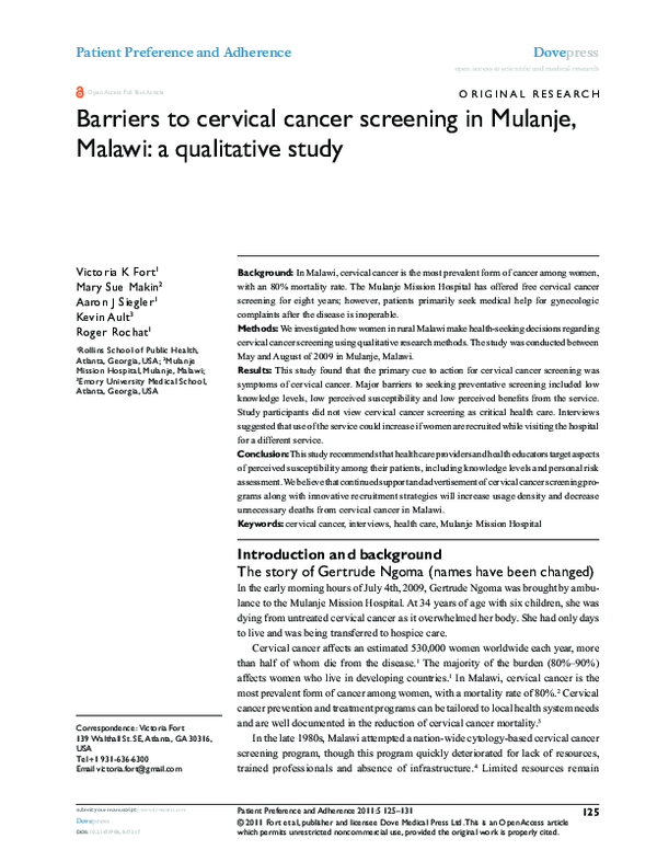 (PDF) Barriers to cervical cancer screening in Mulanje, Malawi: a ...