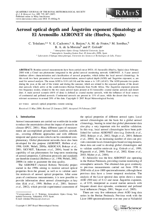 (PDF) Aerosol optical depth and Ångström exponent climatology at El ...