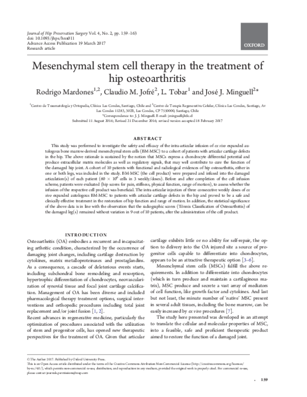 (PDF) Mesenchymal stem cell therapy in the treatment of hip osteoarthritis