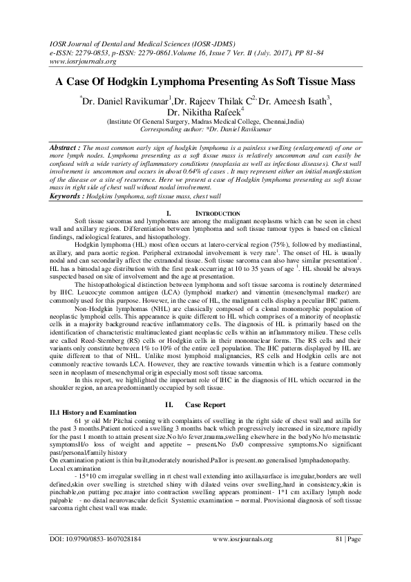 (PDF) A Case Of Hodgkin Lymphoma Presenting As Soft Tissue Mass