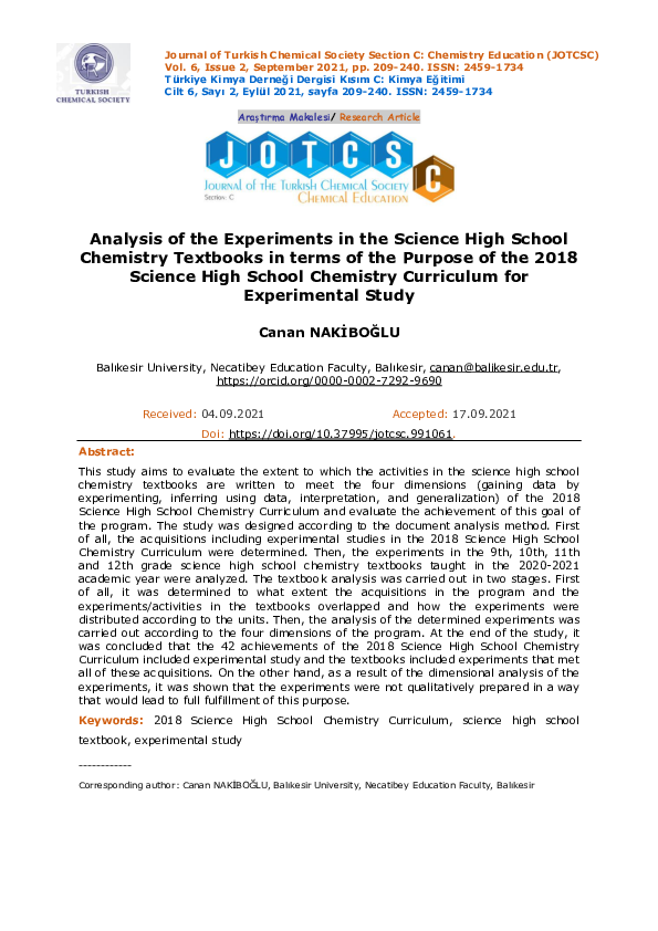 (PDF) Analysis of the Experiments in the Science High School Chemistry ...