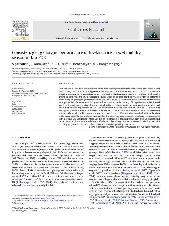 (PDF) Consistency of genotypic performance of lowland rice in wet and ...