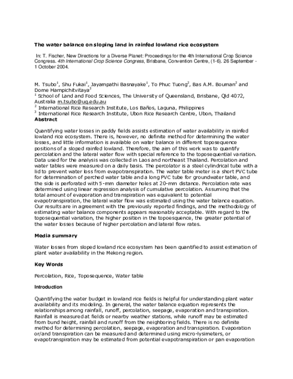 (PDF) The water balance on sloping land in rainfed lowland rice ecosystem