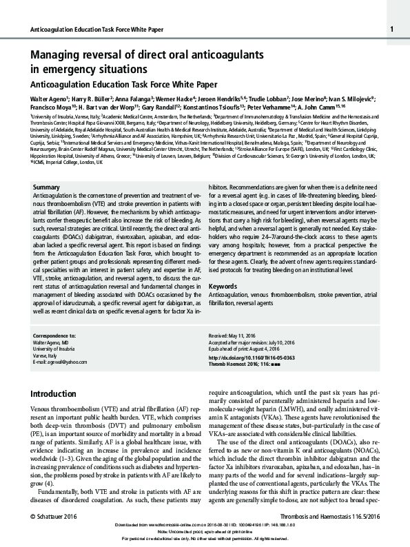 (PDF) Managing reversal of direct oral anticoagulants in emergency ...