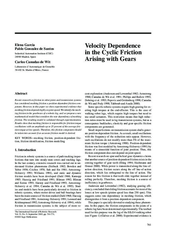 (PDF) Velocity Dependence in the Cyclic Friction Arising with Gears