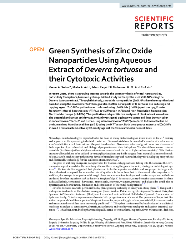 (PDF) Green Synthesis of Zinc Oxide Nanoparticles Using Aqueous Extract ...