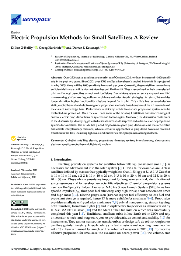 (PDF) Electric Propulsion Methods for Small Satellites: A Review
