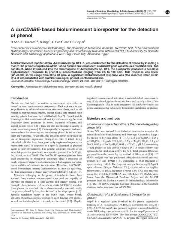 (PDF) A luxCDABE -based bioluminescent bioreporter for the detection of ...