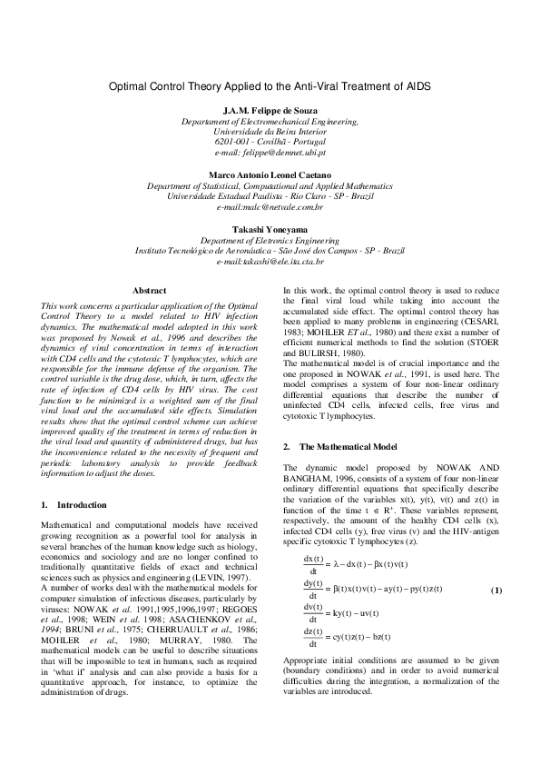 (PDF) Optimal control theory applied to the anti-viral treatment of AIDS