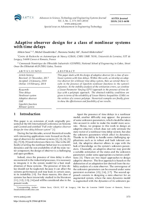 (PDF) Adaptive observer design for a class of nonlinear time-delay ...