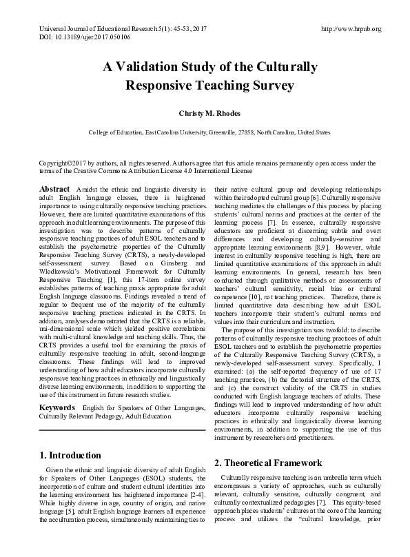 (PDF) A Validation Study of the Culturally Responsive Teaching Survey