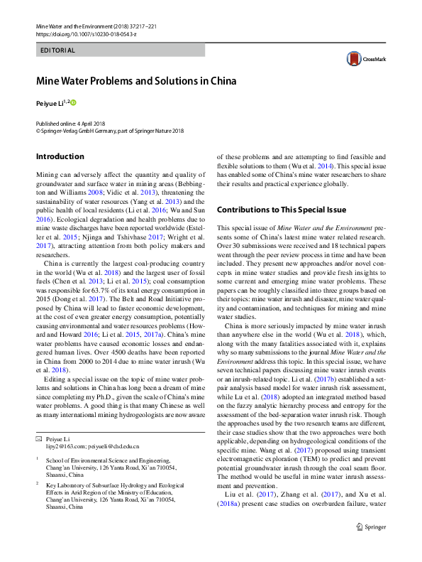 (PDF) Mine Water Problems and Solutions in China Peiyue Li Academia.edu