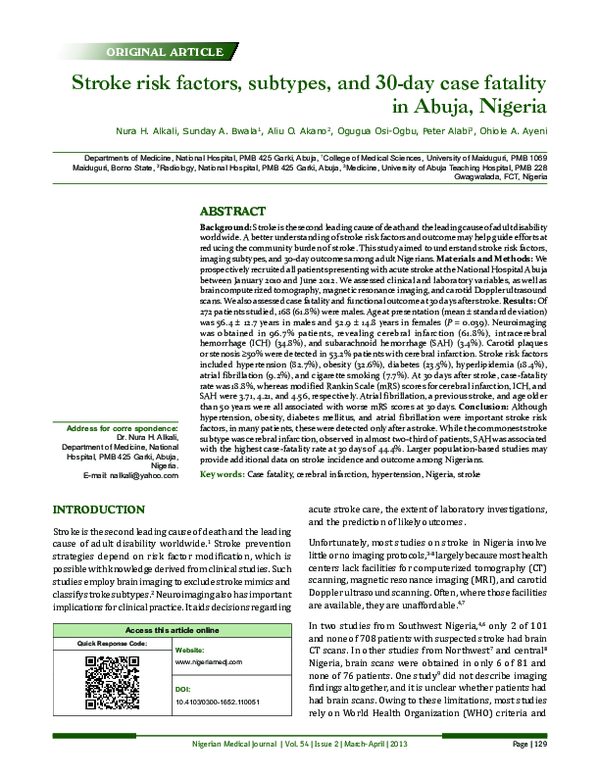 (PDF) Stroke Risk Factors, Subtypes, and 30-Day Case Fatality in Abuja ...