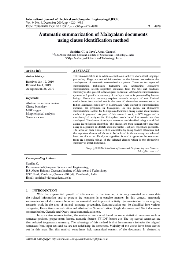 (PDF) Automatic summarization of Malayalam documents using clause ...