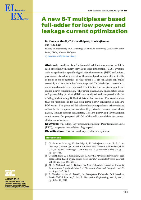 (PDF) A new 6-T multiplexer based full-adder for low power and leakage ...