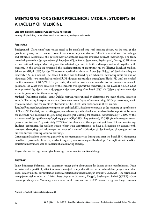 (PDF) Mentoring for Senior Preclinical Medical Students in a Faculty of ...