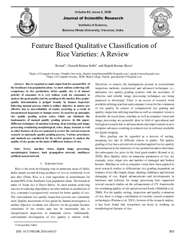 (PDF) Feature Based Qualitative Classification of Rice Varieties: A Review