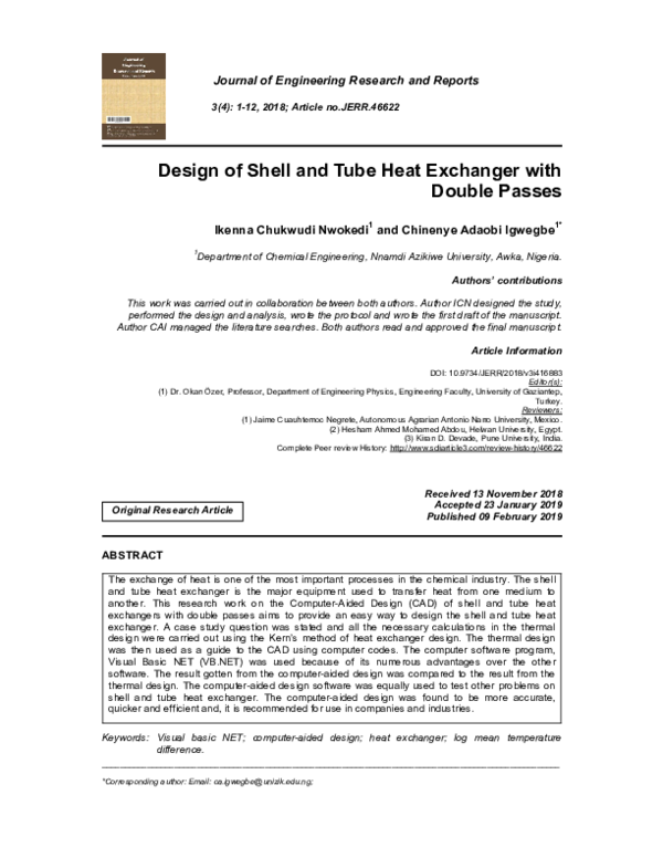 (PDF) Design of Shell and Tube Heat Exchanger with Double Passes