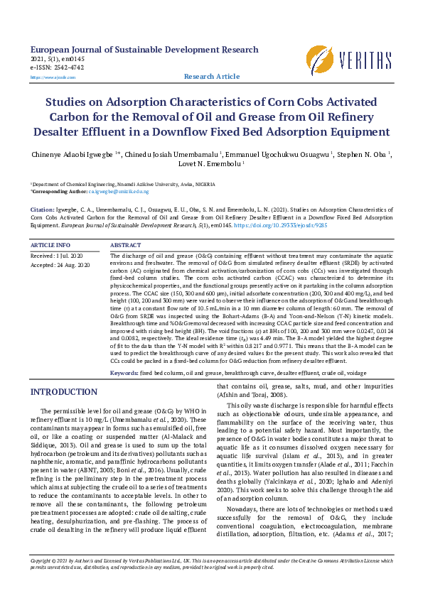 (PDF) Studies on Adsorption Characteristics of Corn Cobs Activated ...