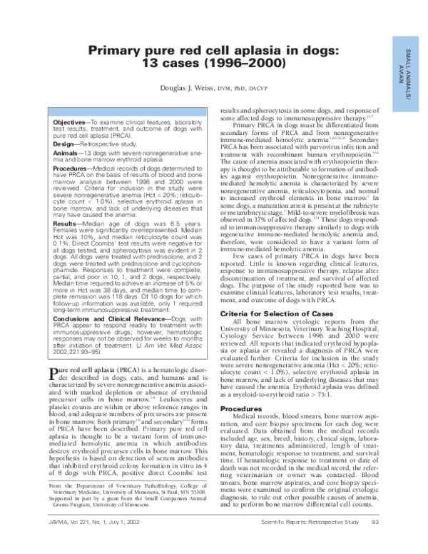 (PDF) Primary pure red cell aplasia in dogs: 13 cases (1996–2000)