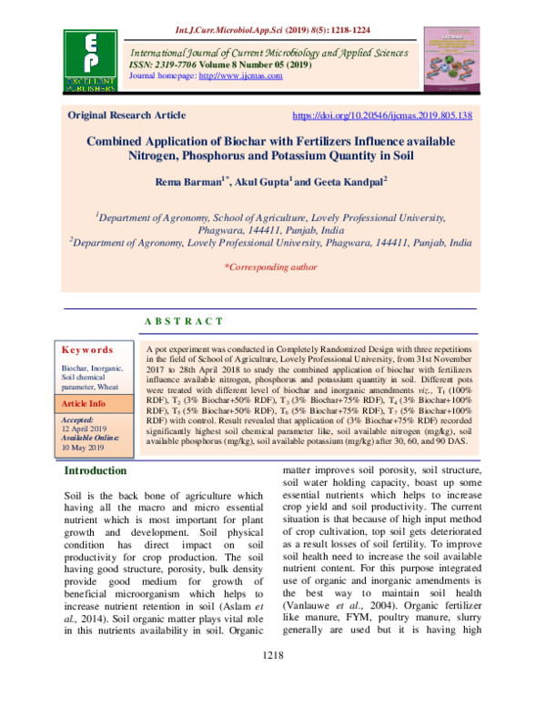 (PDF) Combined Application of Biochar with Fertilizers Influence ...
