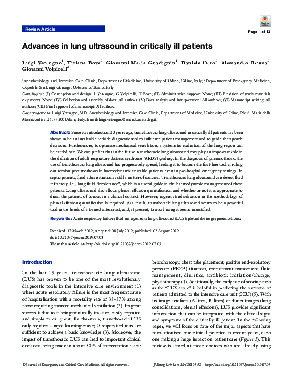 (PDF) Advances in lung ultrasound in critically ill patients