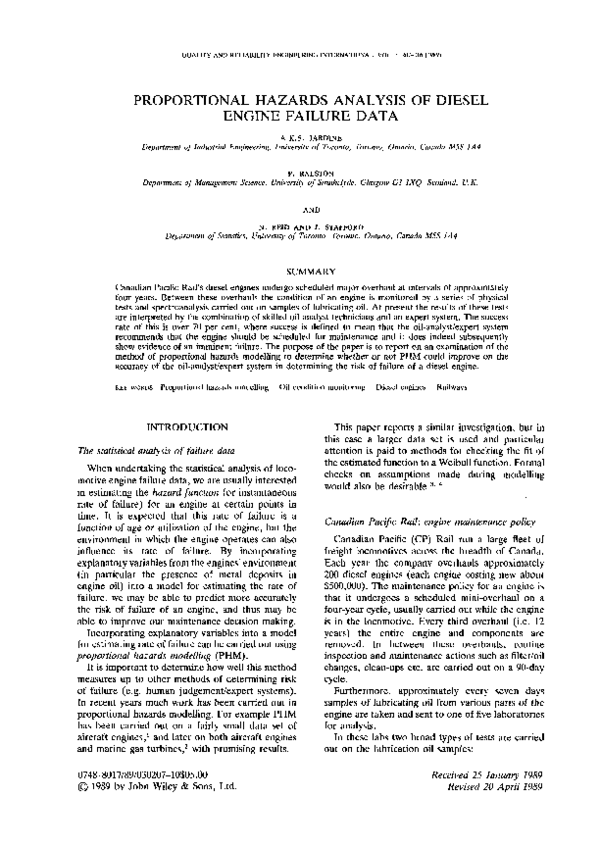 (PDF) Proportional hazards analysis of diesel engine failure data