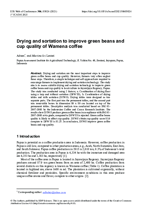 (PDF) Drying and sortation to improve green beans and cup quality of ...