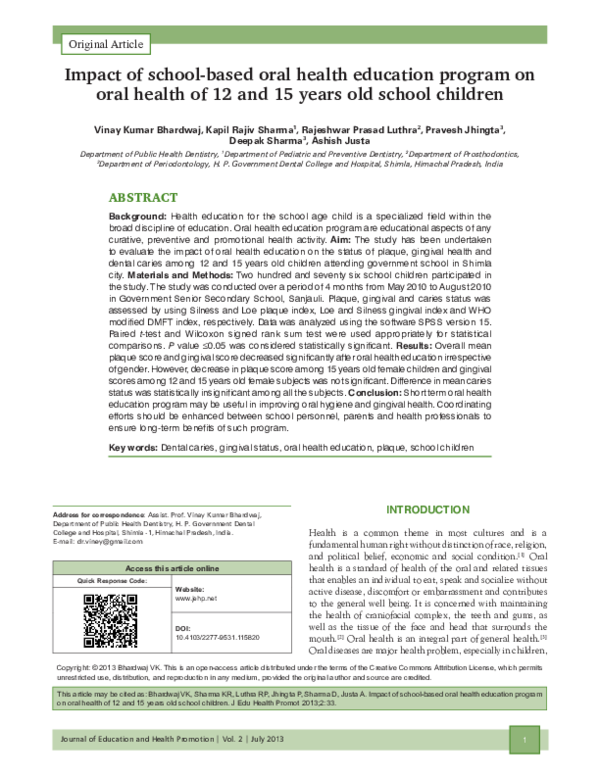 (PDF) Impact of school-based oral health education program on oral ...