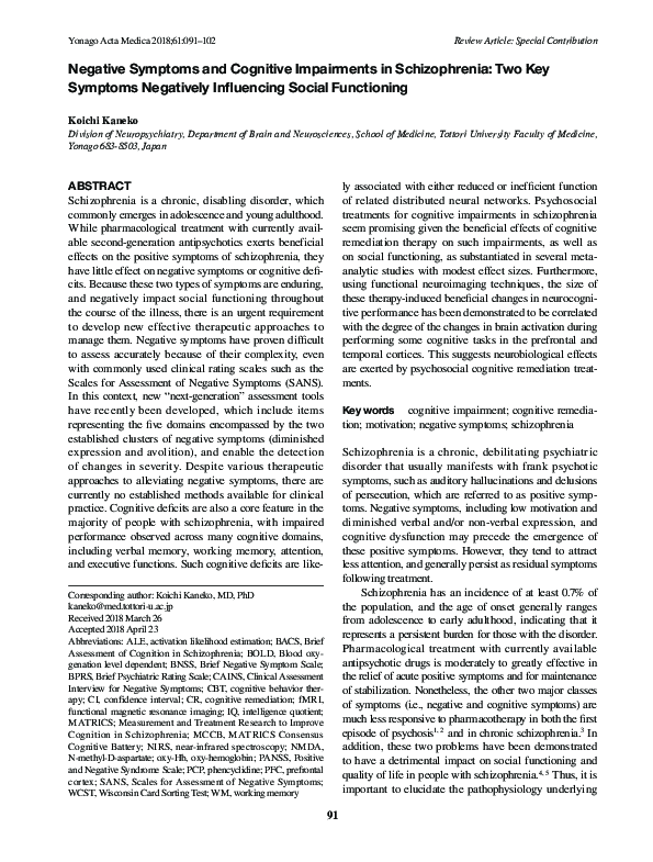 (PDF) Negative Symptoms and Cognitive Impairments in Schizophrenia: Two ...